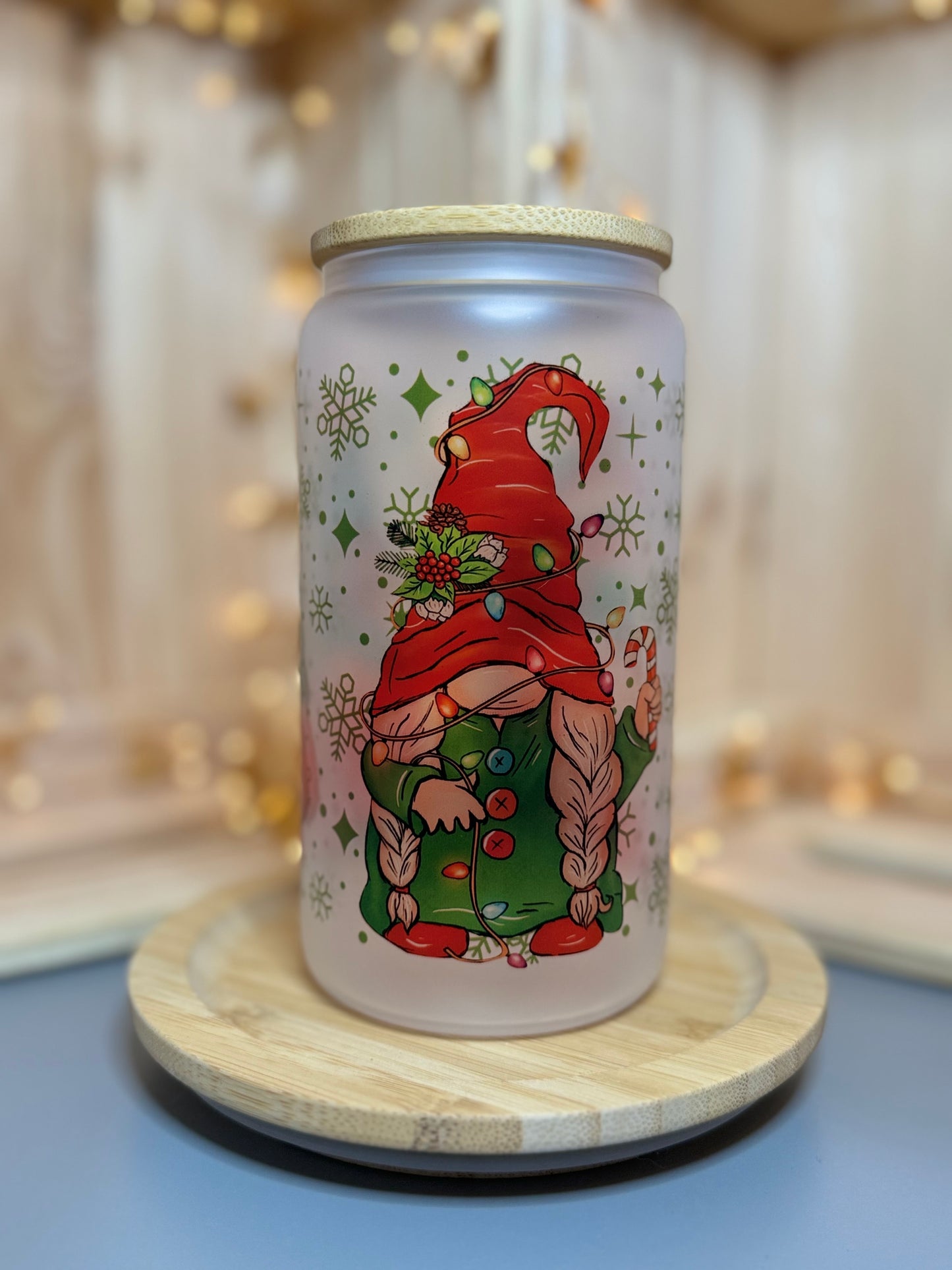 16oz Christmas Gnomes frosted Glass Can
