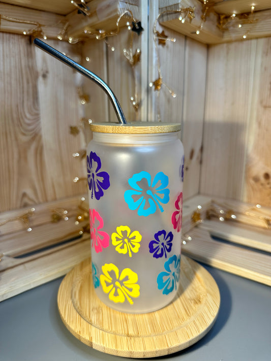 16oz Hawaiian Flowers Frosted Glass Can