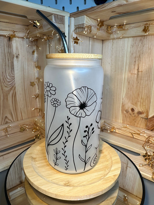16oz Floral Outline Frosted Glass Can